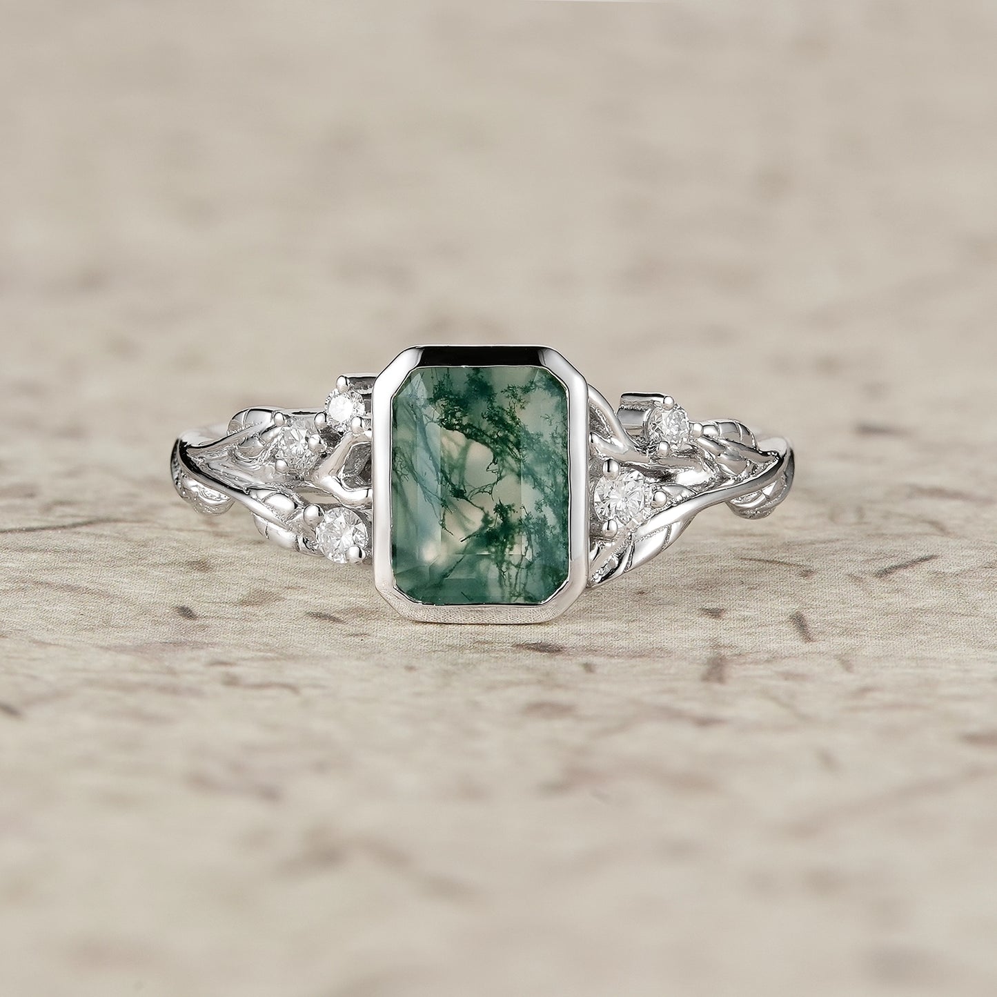 Emerald Cut Moss Agate Bazel Engagement Ring