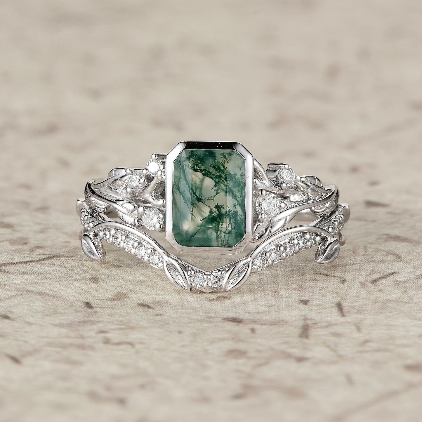 Emerald Cut Emerald & Moissanite Ring Set