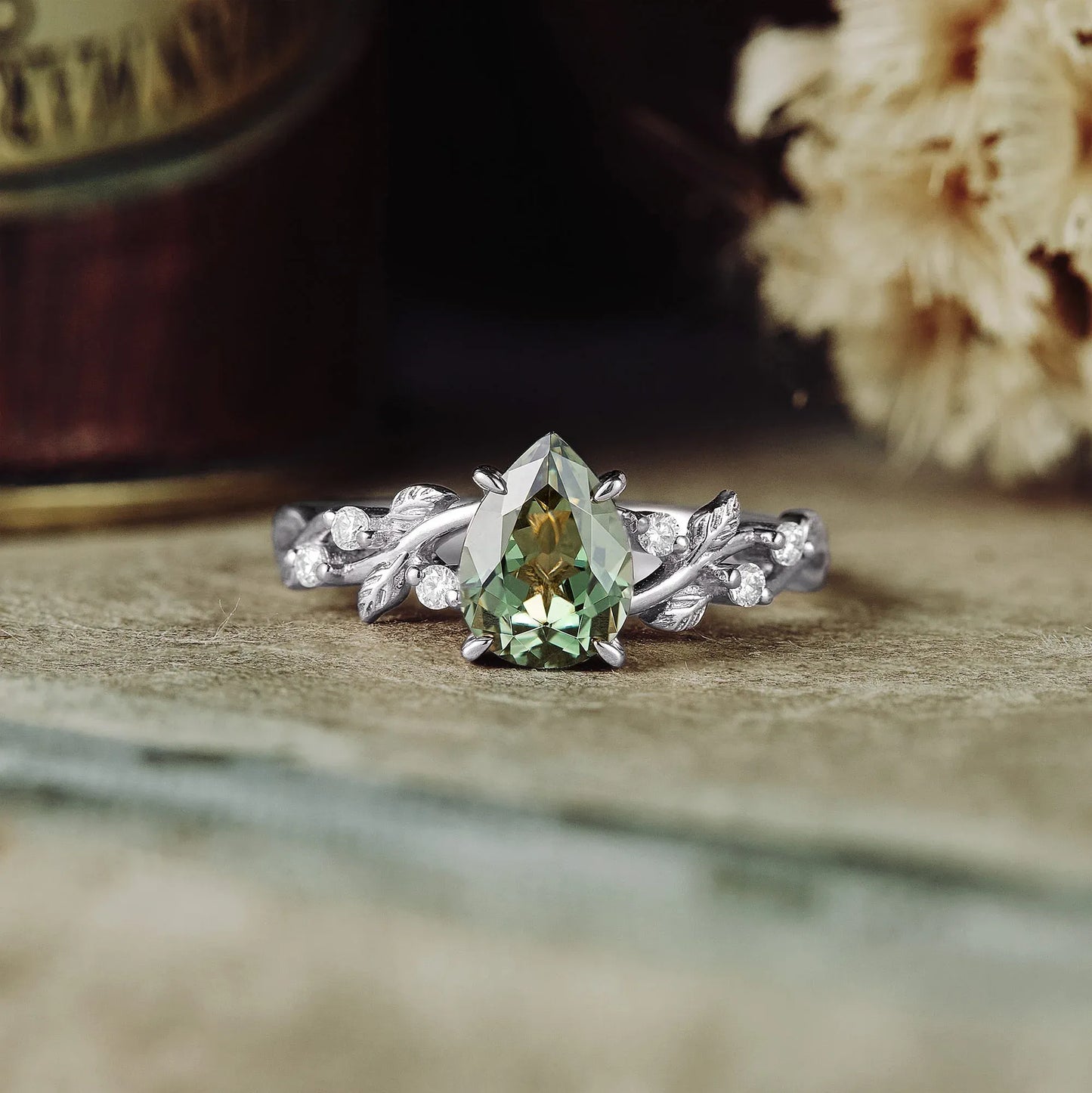Green Sapphire Leaf Engagement Ring