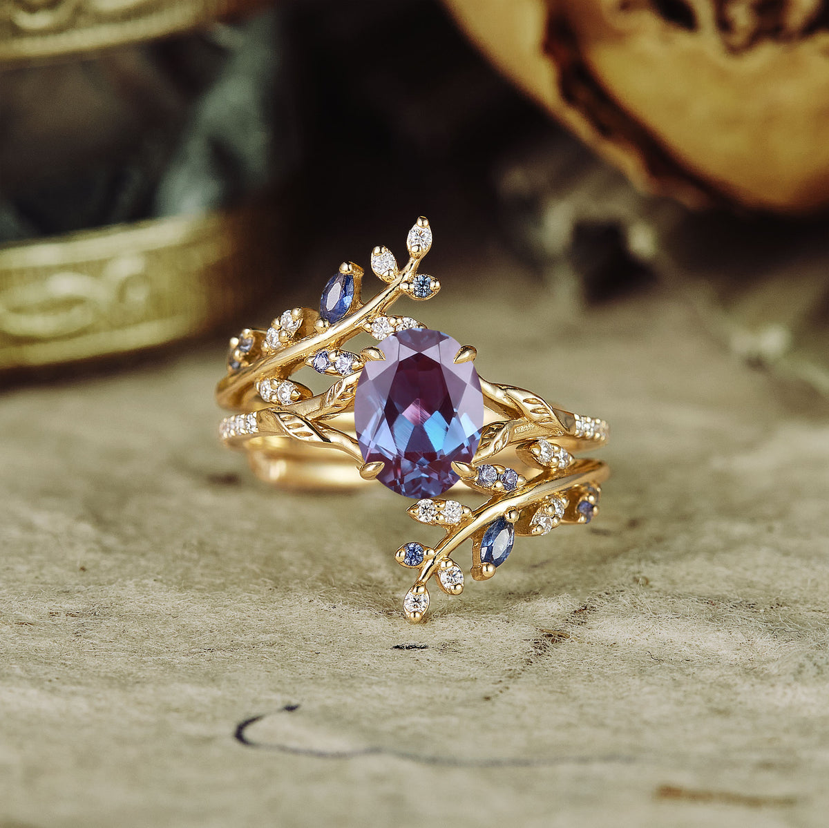 Alexandrite Engagement Ring Set | Enchanted Bridal Elegance – GemsMagic