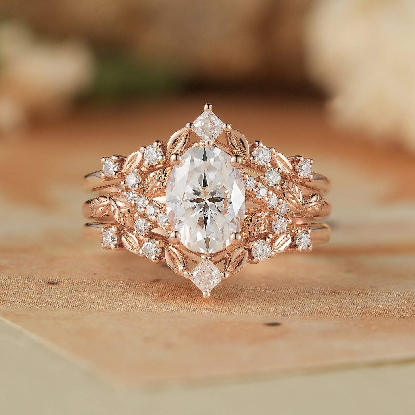 Moissanite Oak Leaf Inspired Enhancer Ring Set -Waverly - GemsMagic