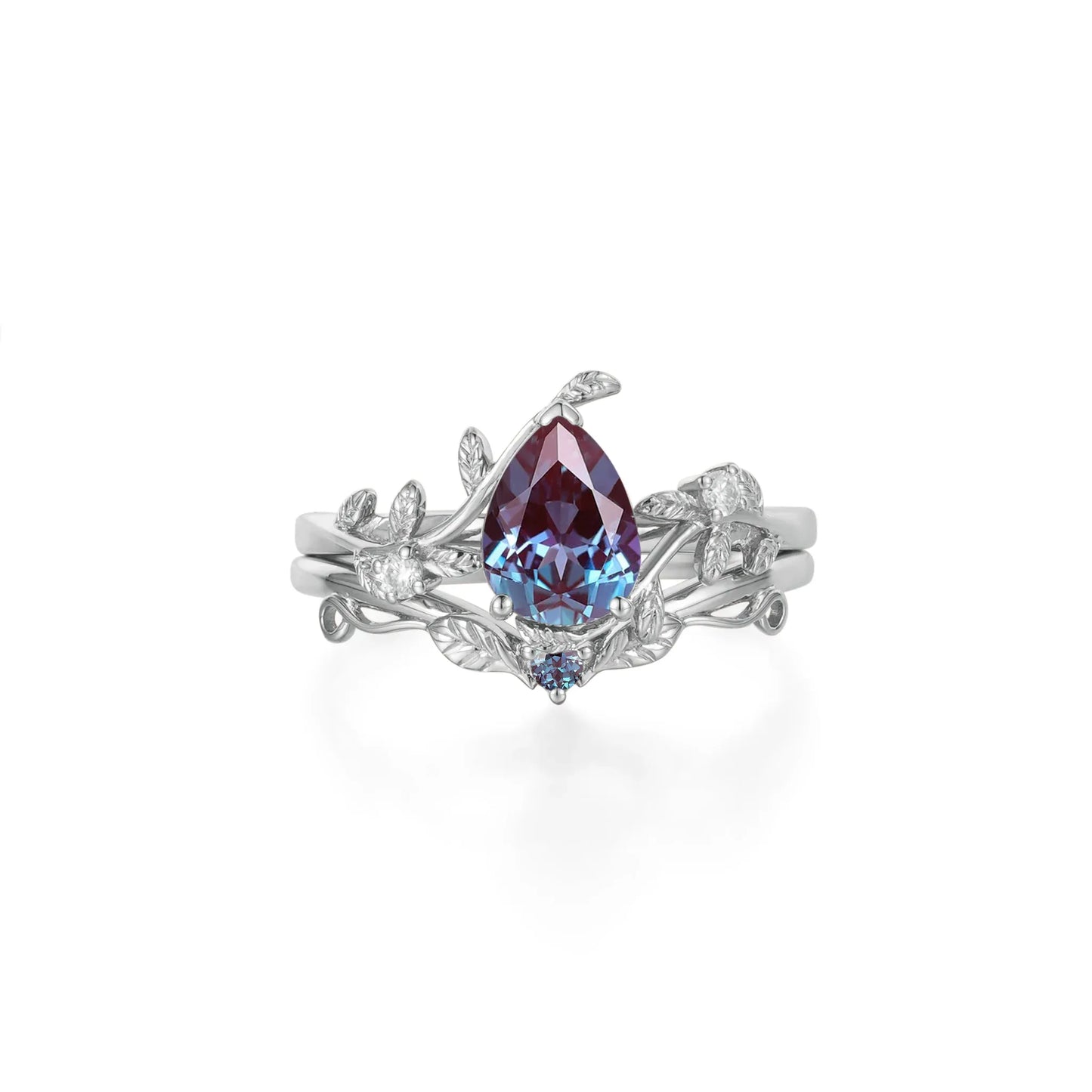 Alexandrite Leaf Engagement Ring Set 2pcs