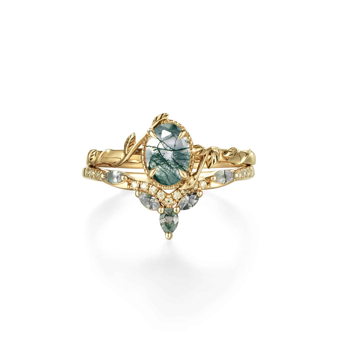 GemsMagic Oval Moss Agate Cluster Leaf Engagement Ring Set 2pcs
