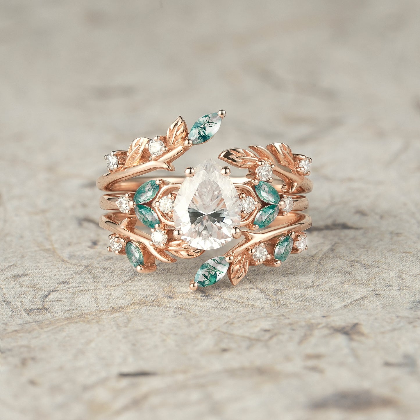 Moissanite & Moss Agate Ring Set 2pcs
