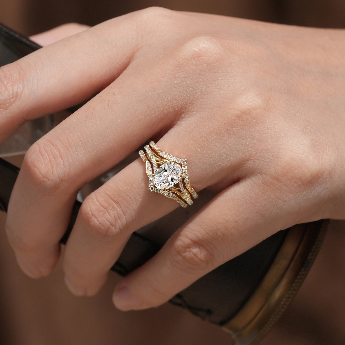 2pcs Oval-cut Lab Grown Diamond Gold Ring set