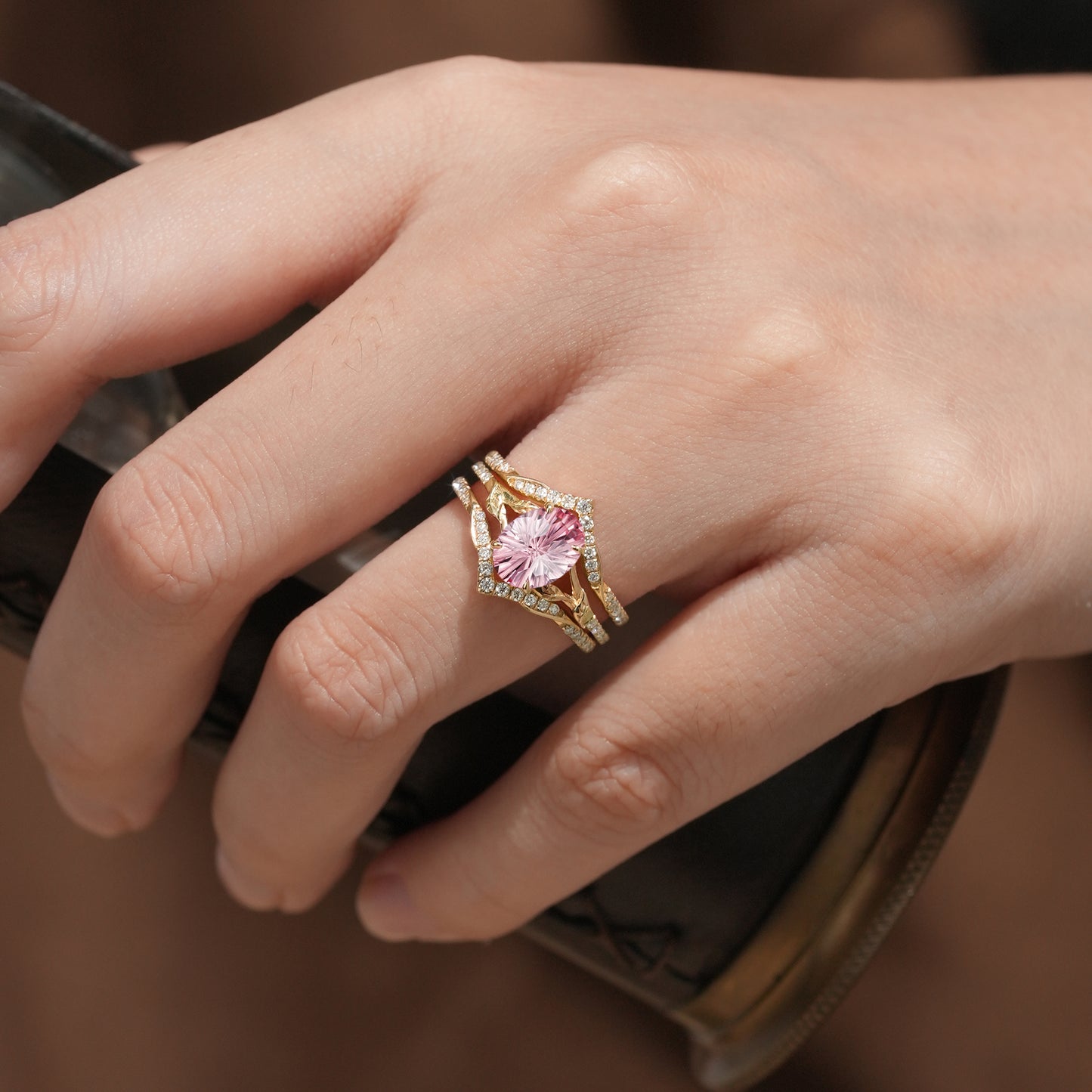 Sparkle-cut Padparadscha Enhancer Ring Set