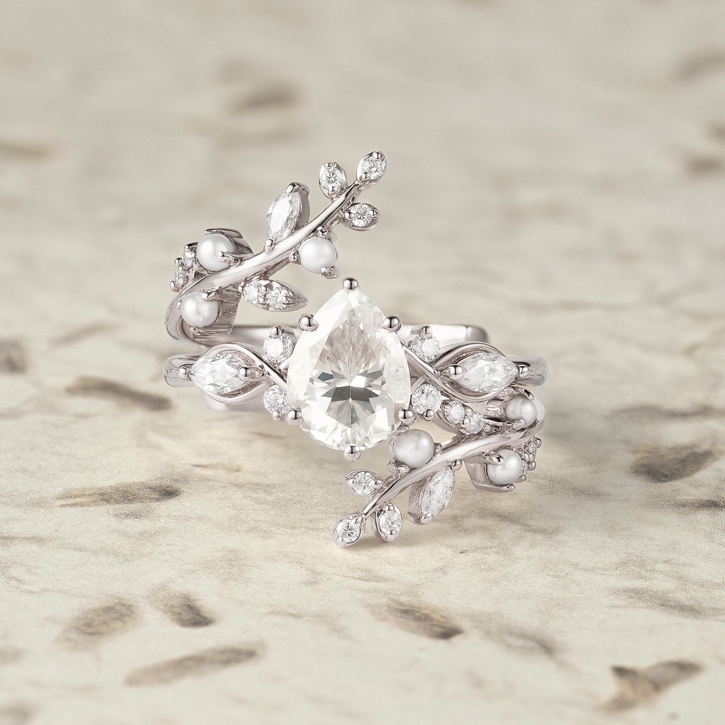 Moissanite & Pearl Engagement Ring Set - Athena