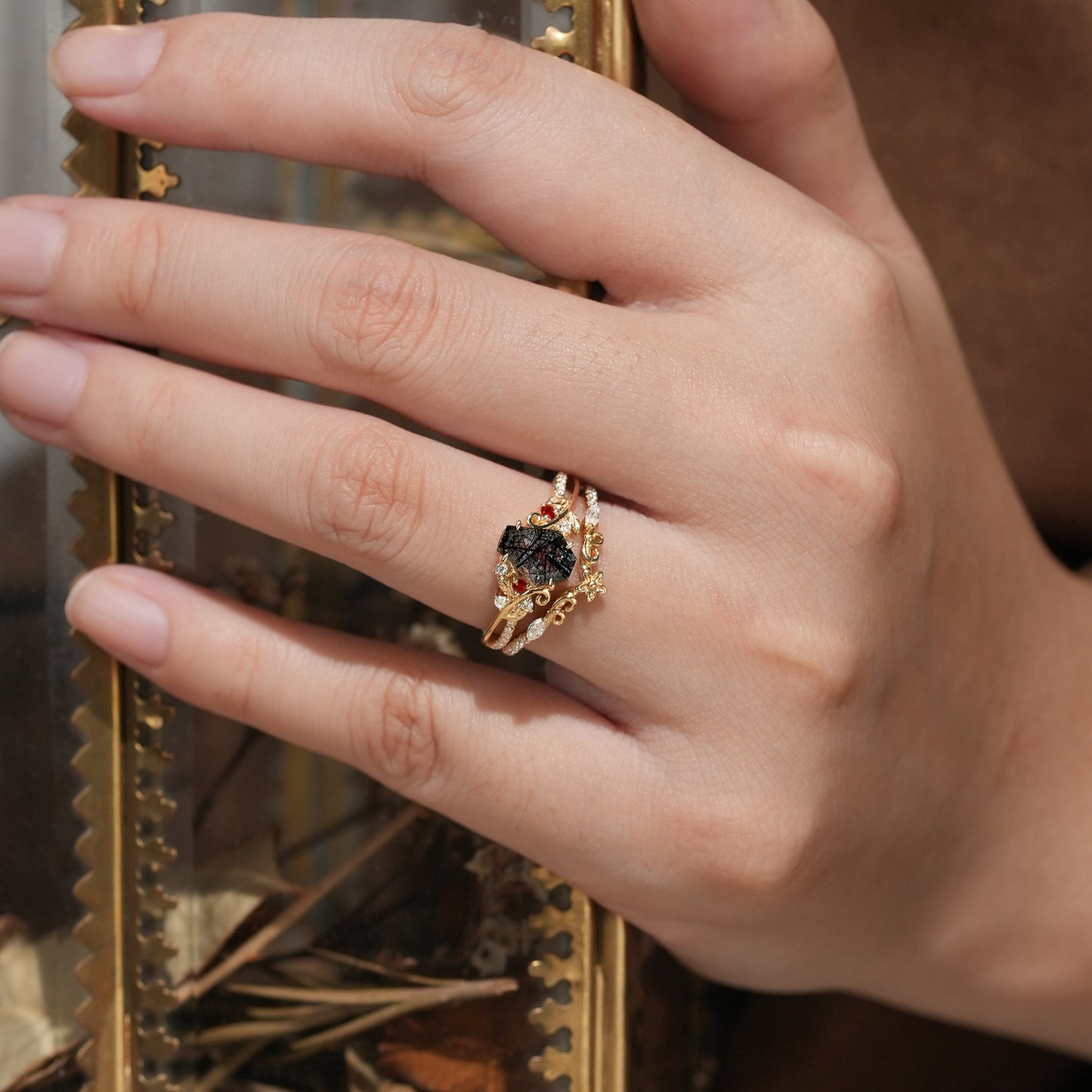 Leaf-Inspired Black Rutilated Quartz Bridal Set-Lio - GemsMagic