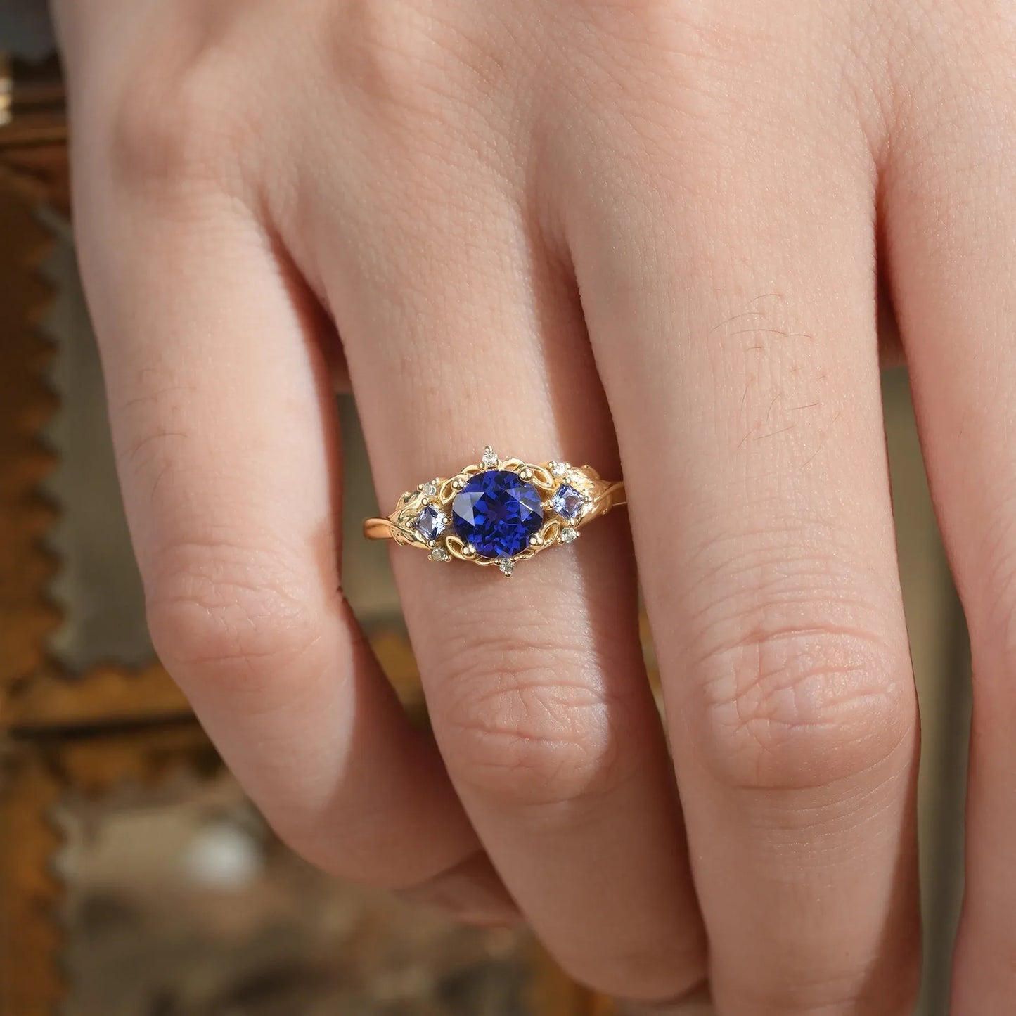 Three Stone Royal Blue Sapphire Engagement Ring