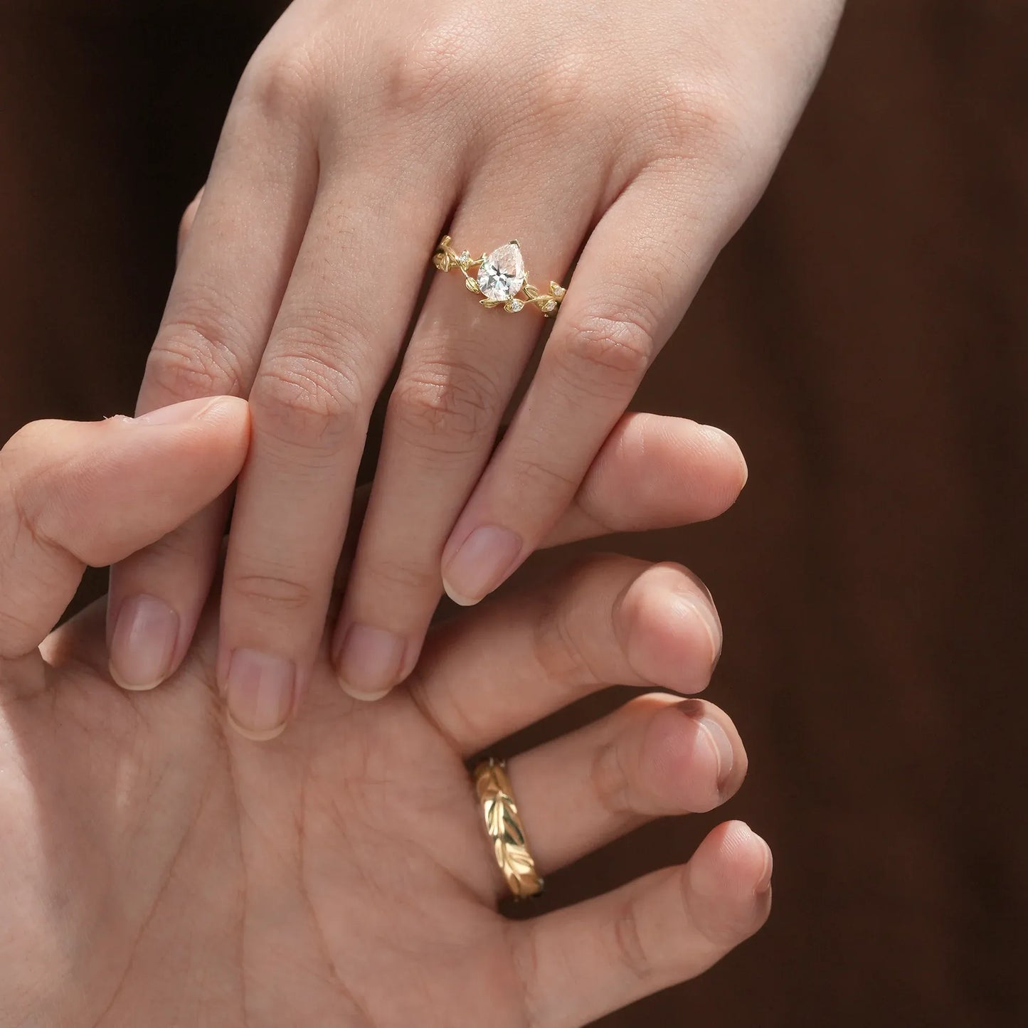 Pear-Cut Vine and Leaf Gold Couple’s Ring Set