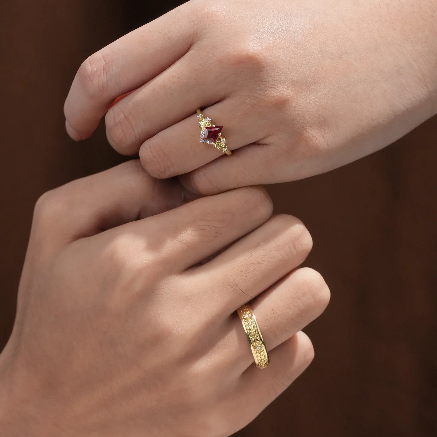 Ruby and Moissanite Leaf Couple Rings