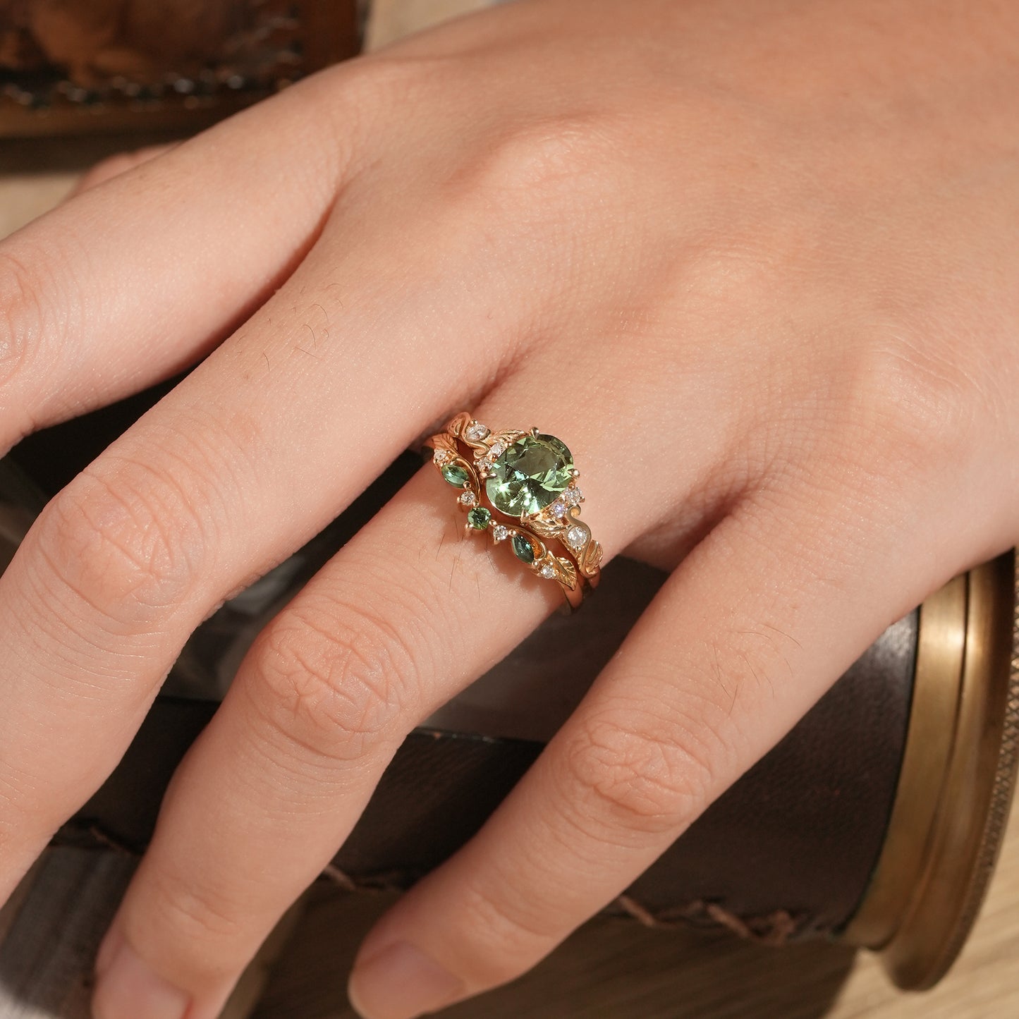 Oval Green Sapphire Engagement Ring Set 2pcs
