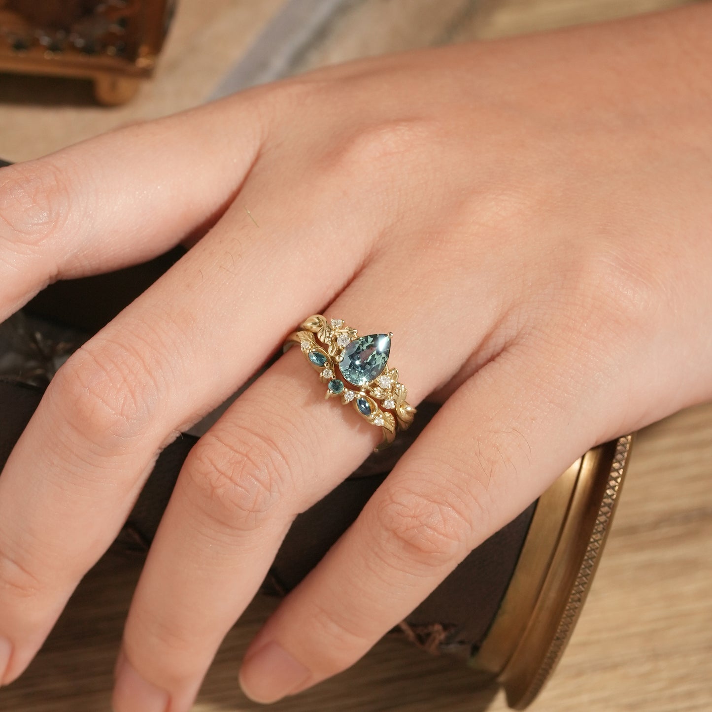 Teal Sapphire Engagement Ring Set 2pcs