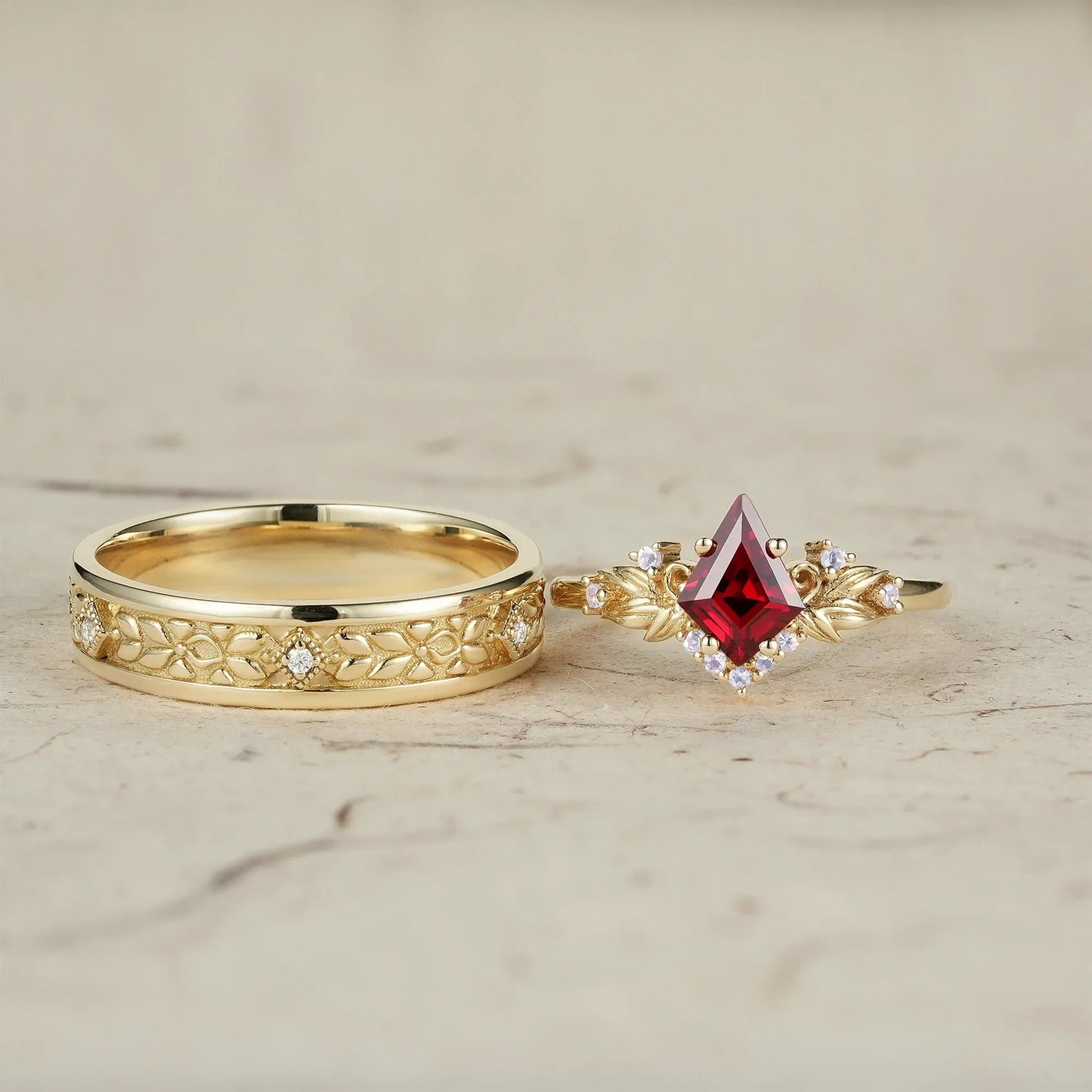 Ruby and Moissanite Leaf Couple Rings