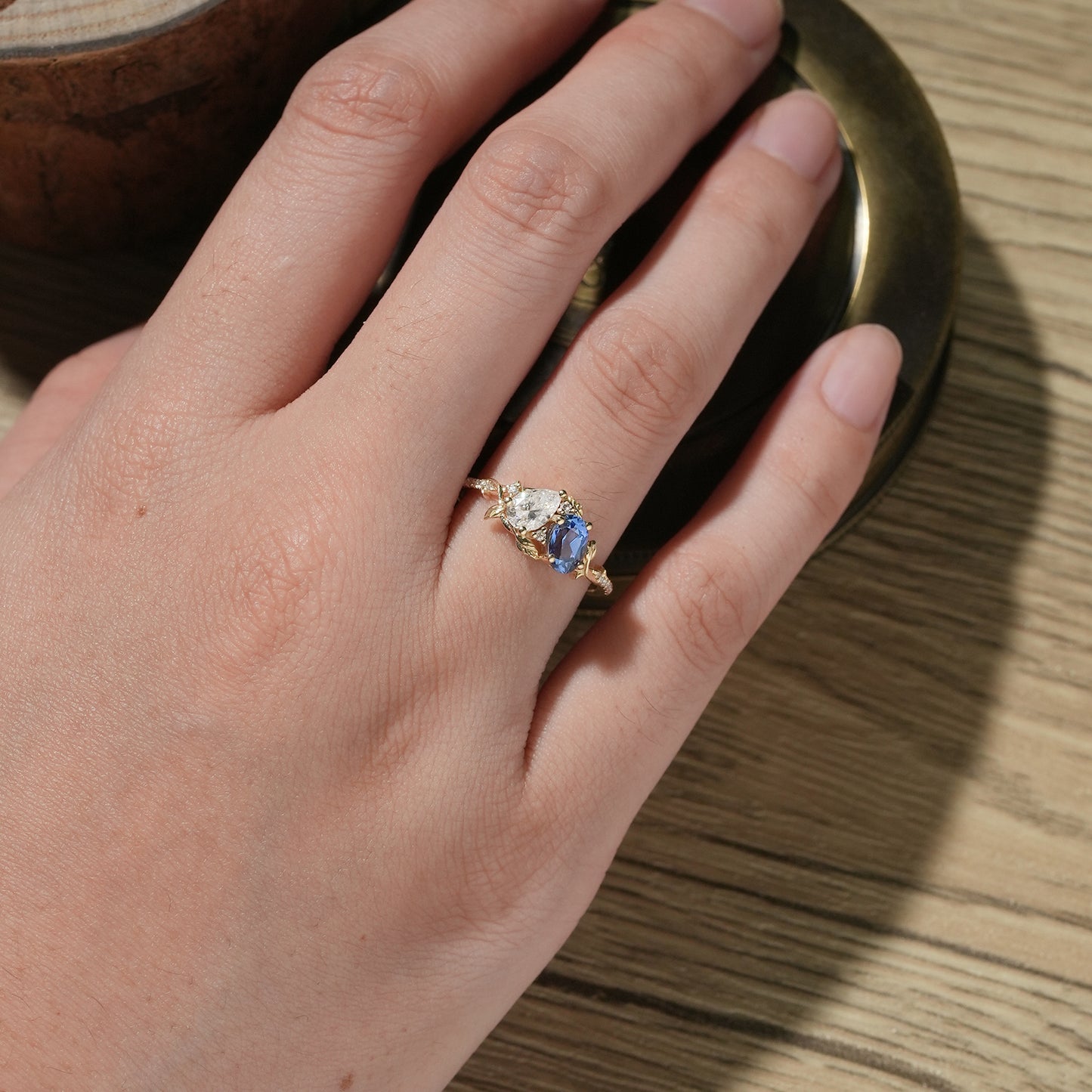 Two Stones Moissanite and Sapphire Engagement Ring