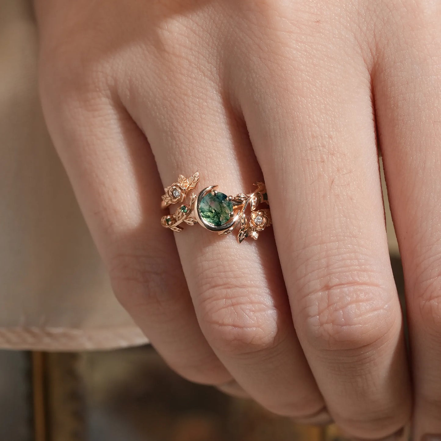 Moon Encircled Moss Agate Enhancer Ring Set
