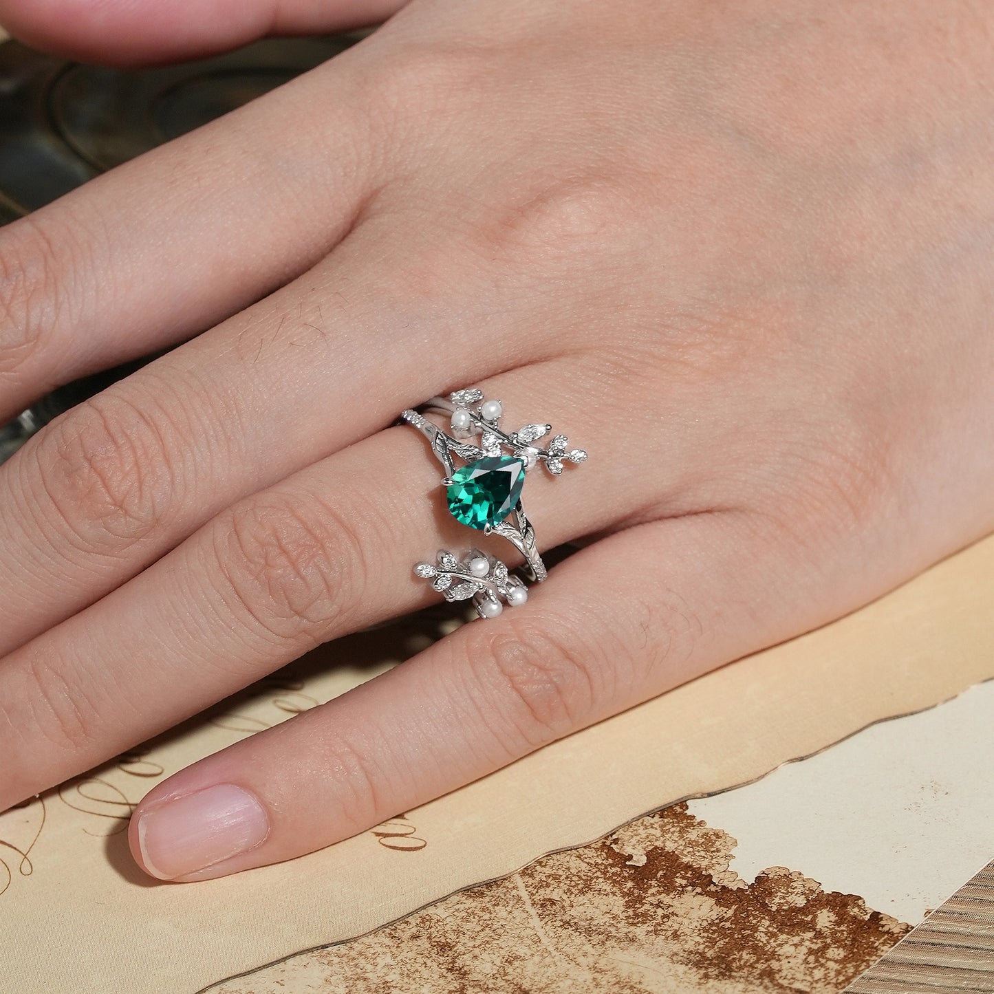 Emerald & Pearl Enhancer Ring Set