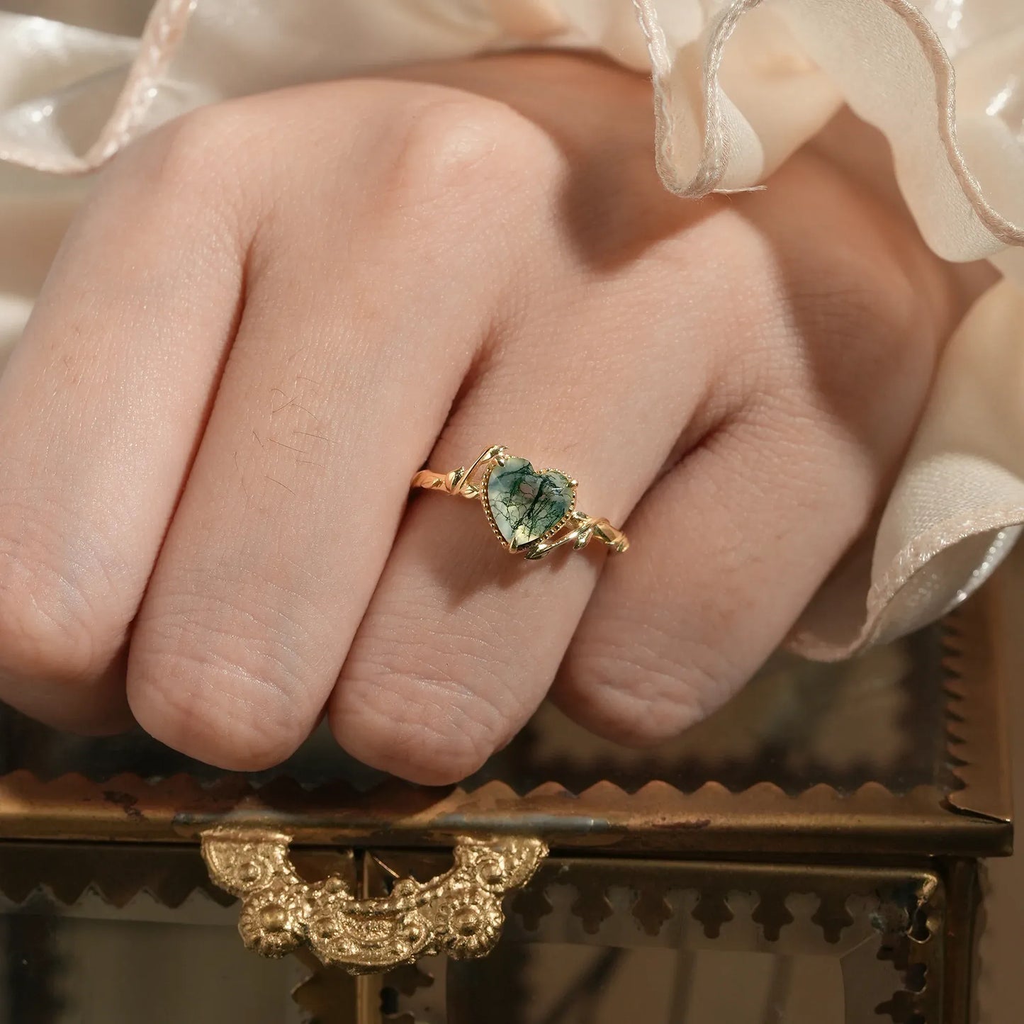 Heart Moss Agate Leaf Engagement