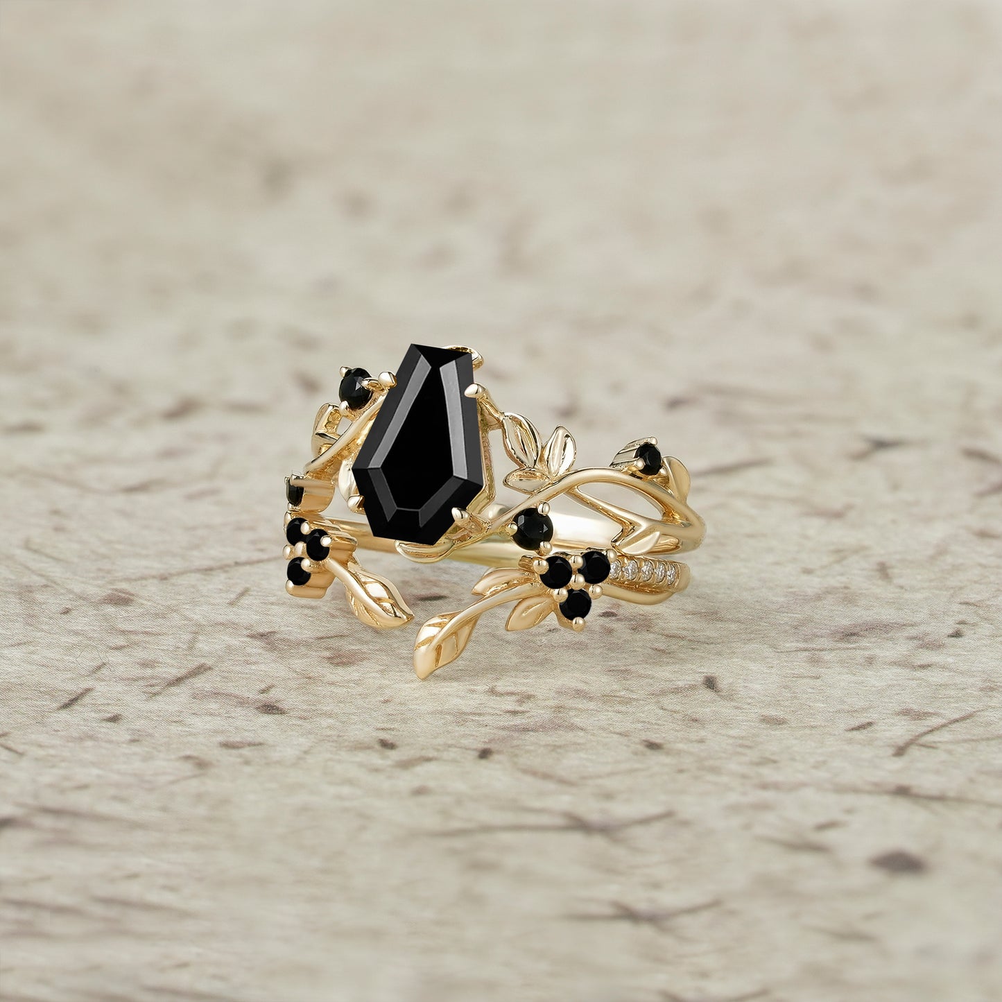 6x9mm Coffin Shaped Black Onyx Leaf Ring Set - Grace - GemsMagic