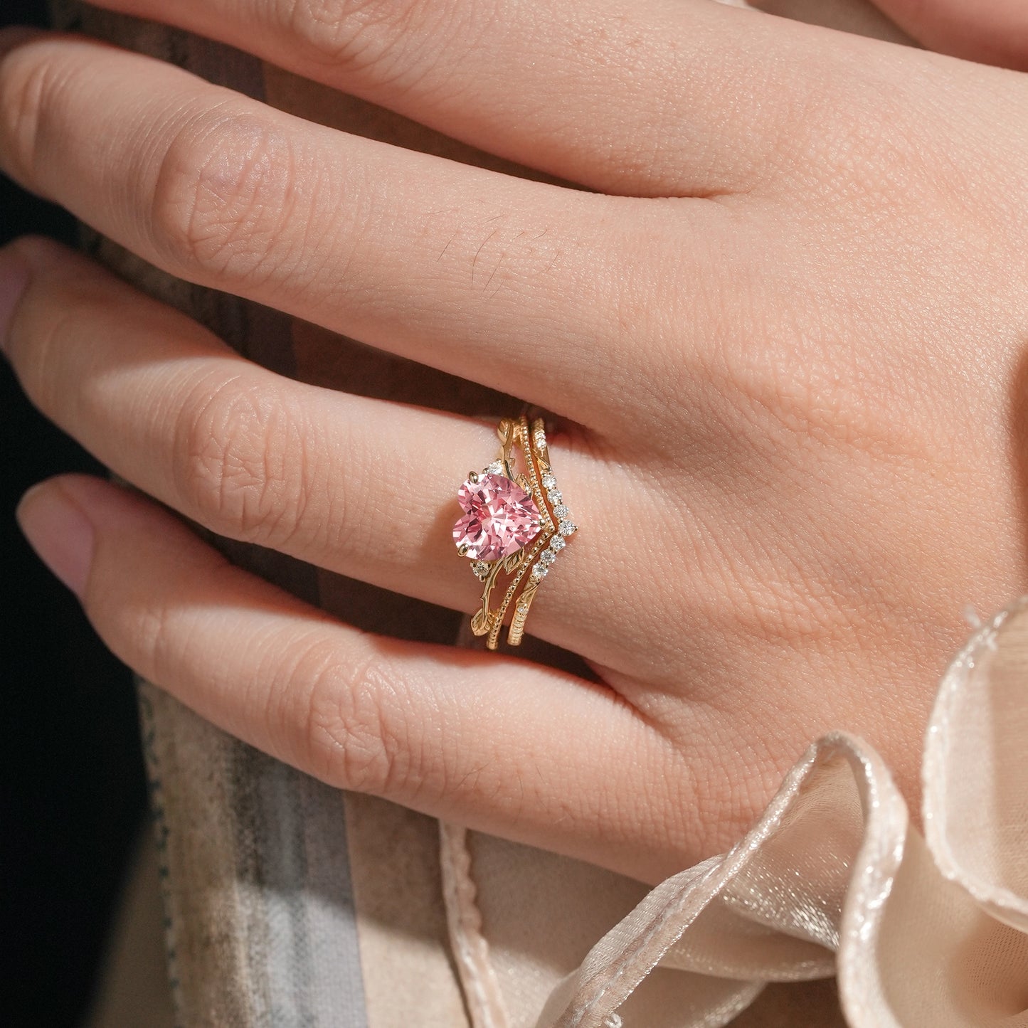 Heart Shaped Padparadscha Engagement Ring Set