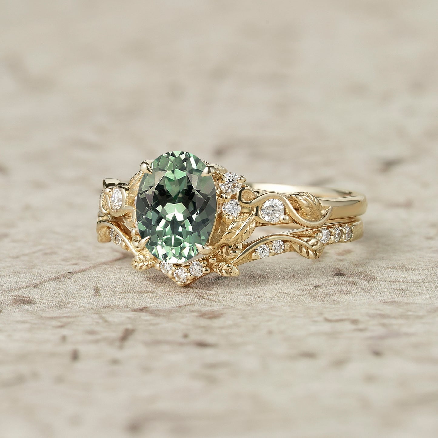 Oval Green Sapphire & Moissanite Engagement Ring Set