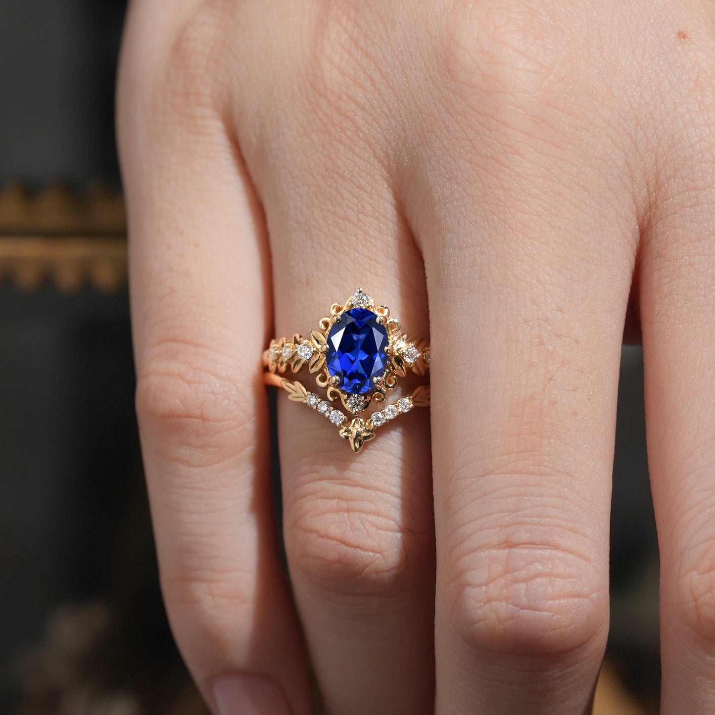 Royal Blue Sapphire Leaf Bridal Ring Set-Tamsin - GemsMagic