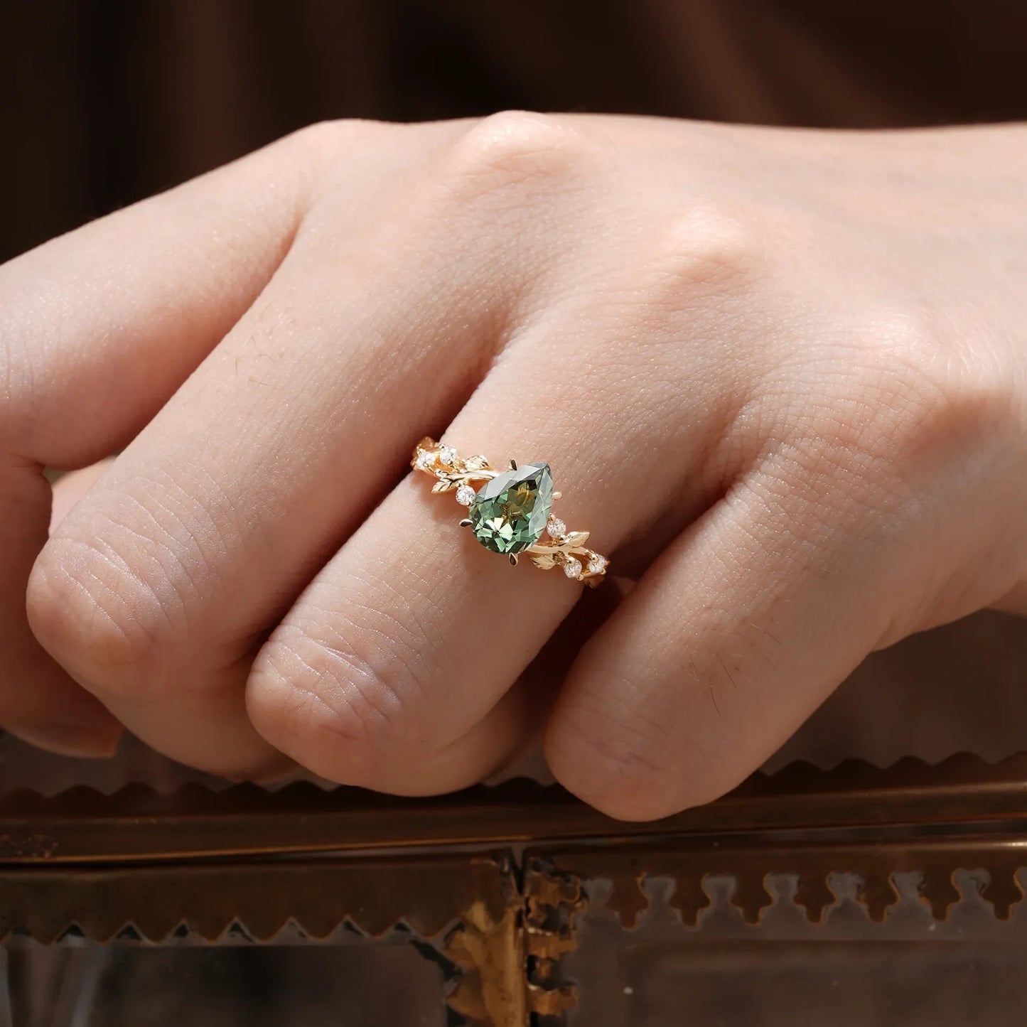 Green Sapphire Leaf Engagement Ring