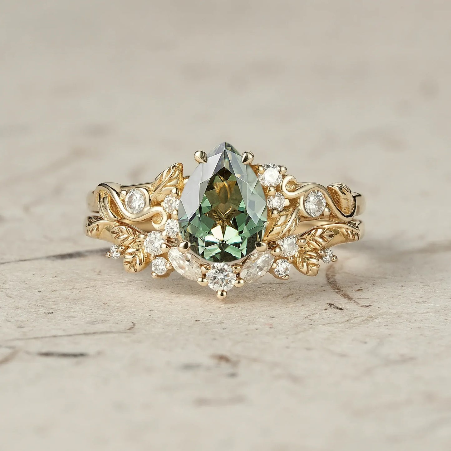 Green Sapphire Leaf Ring Set