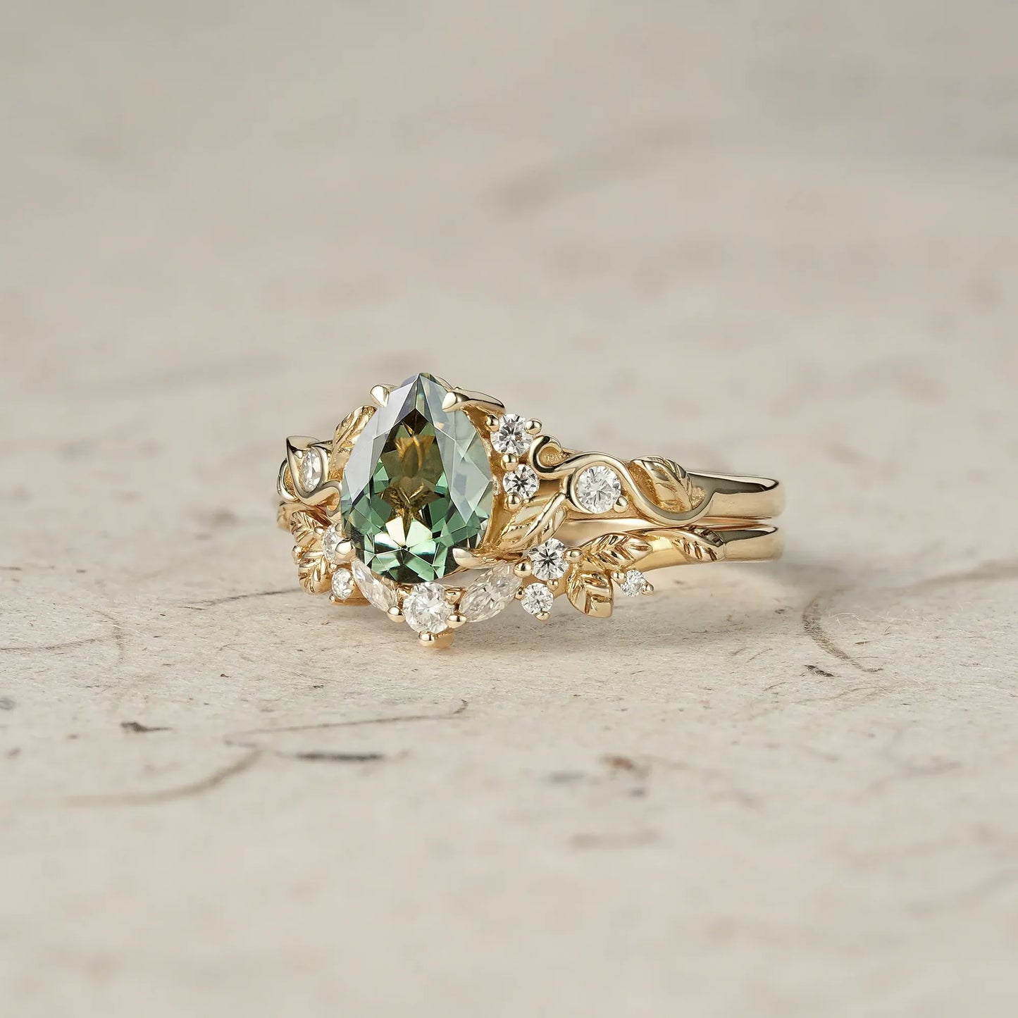 Green Sapphire Leaf Ring Set