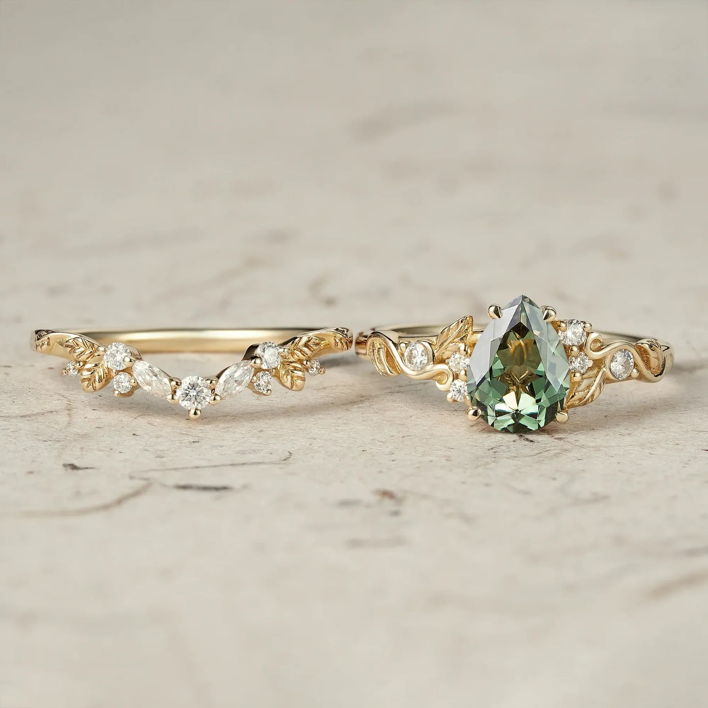 Green Sapphire Leaf Ring Set