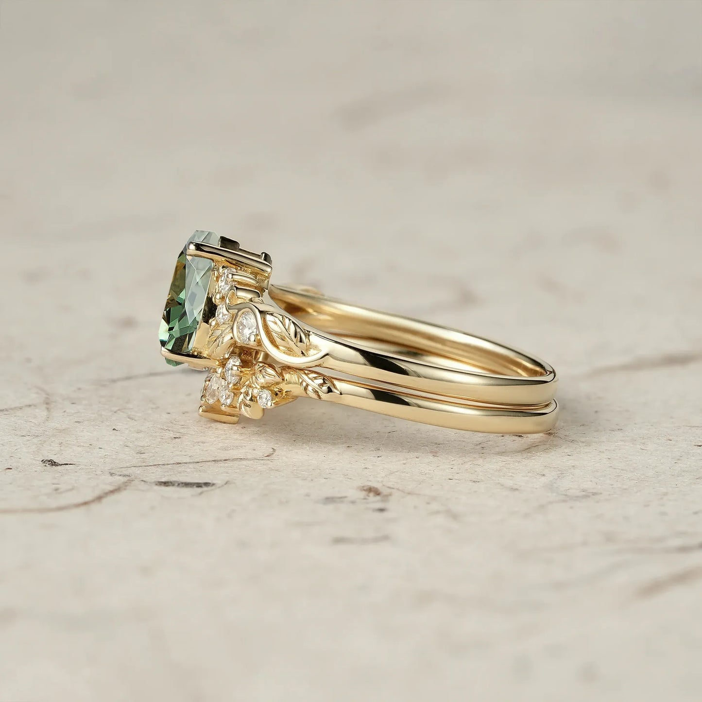 Green Sapphire Leaf Ring Set