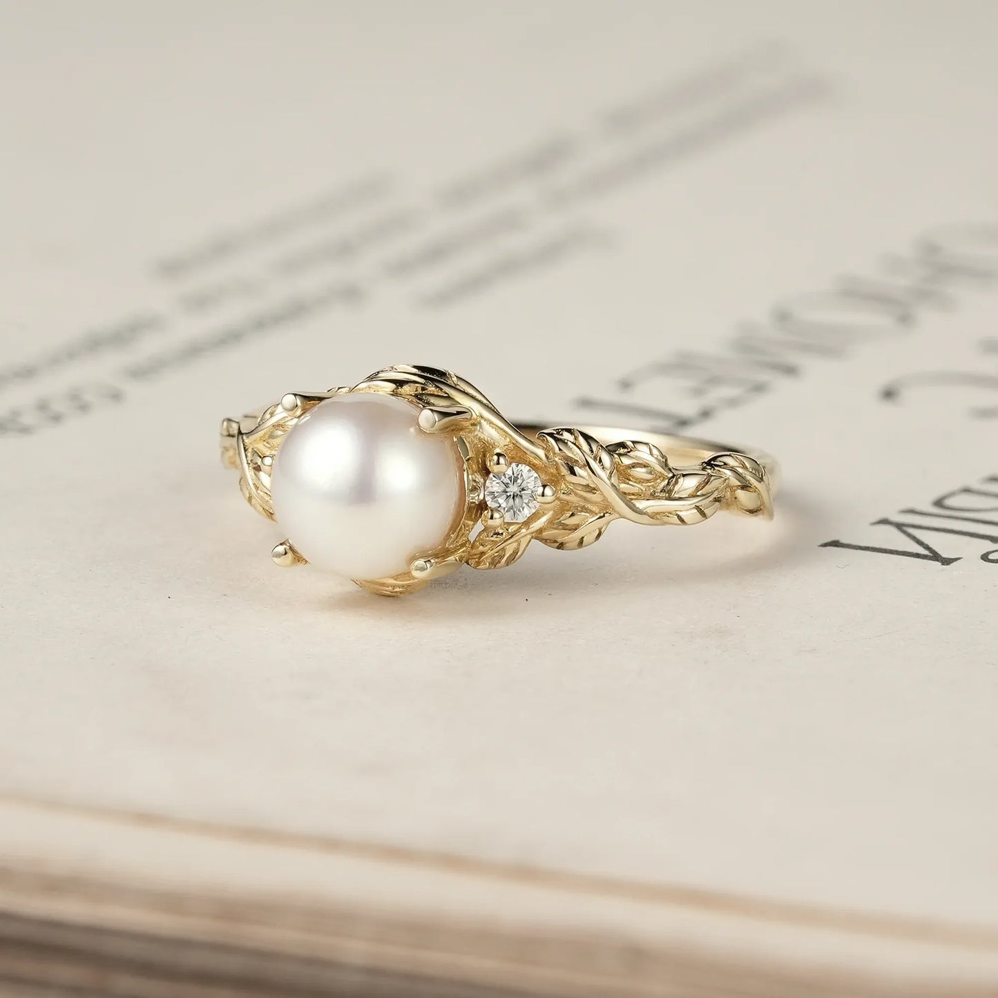Pearl Leaf Engagement Ring