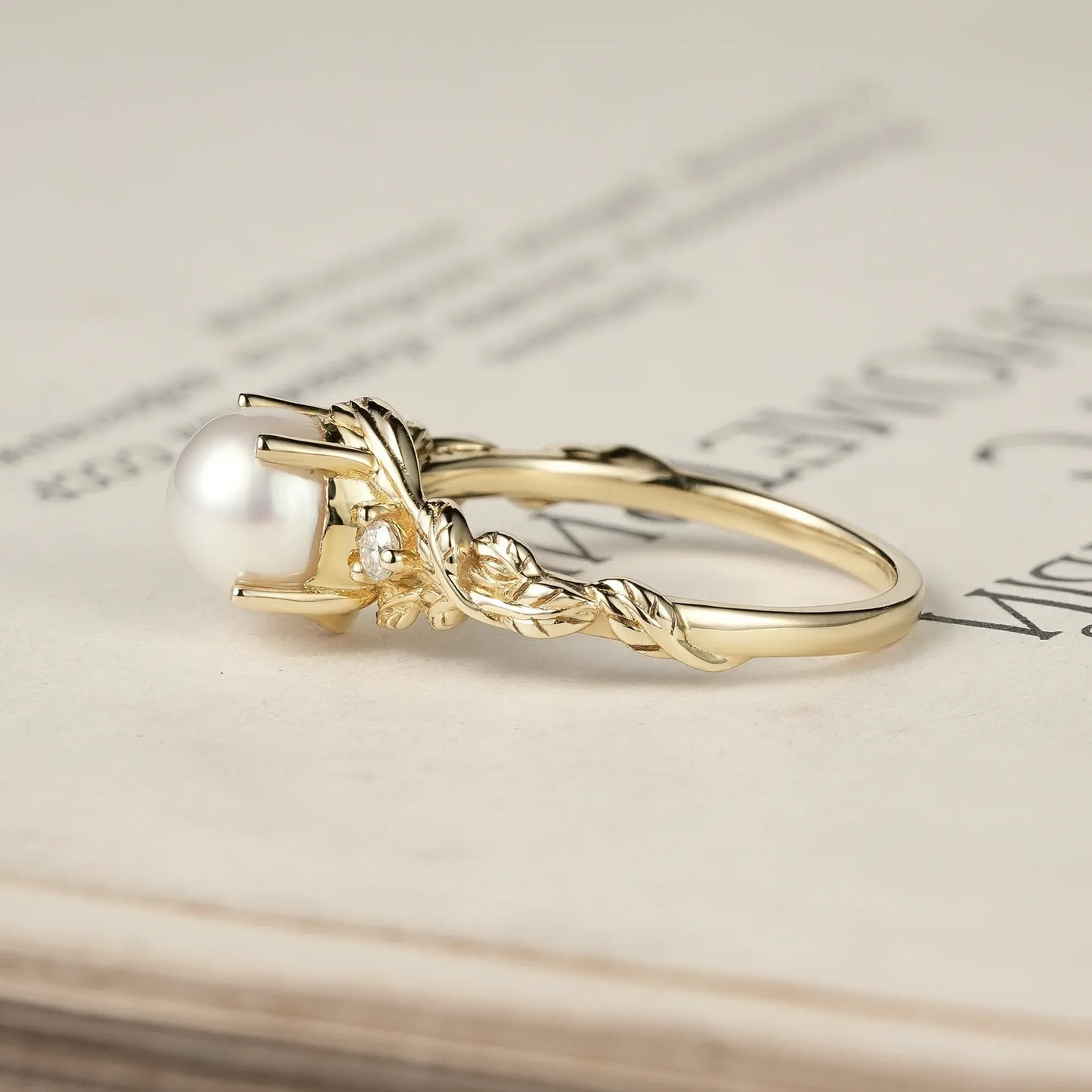 Pearl Leaf Engagement Ring