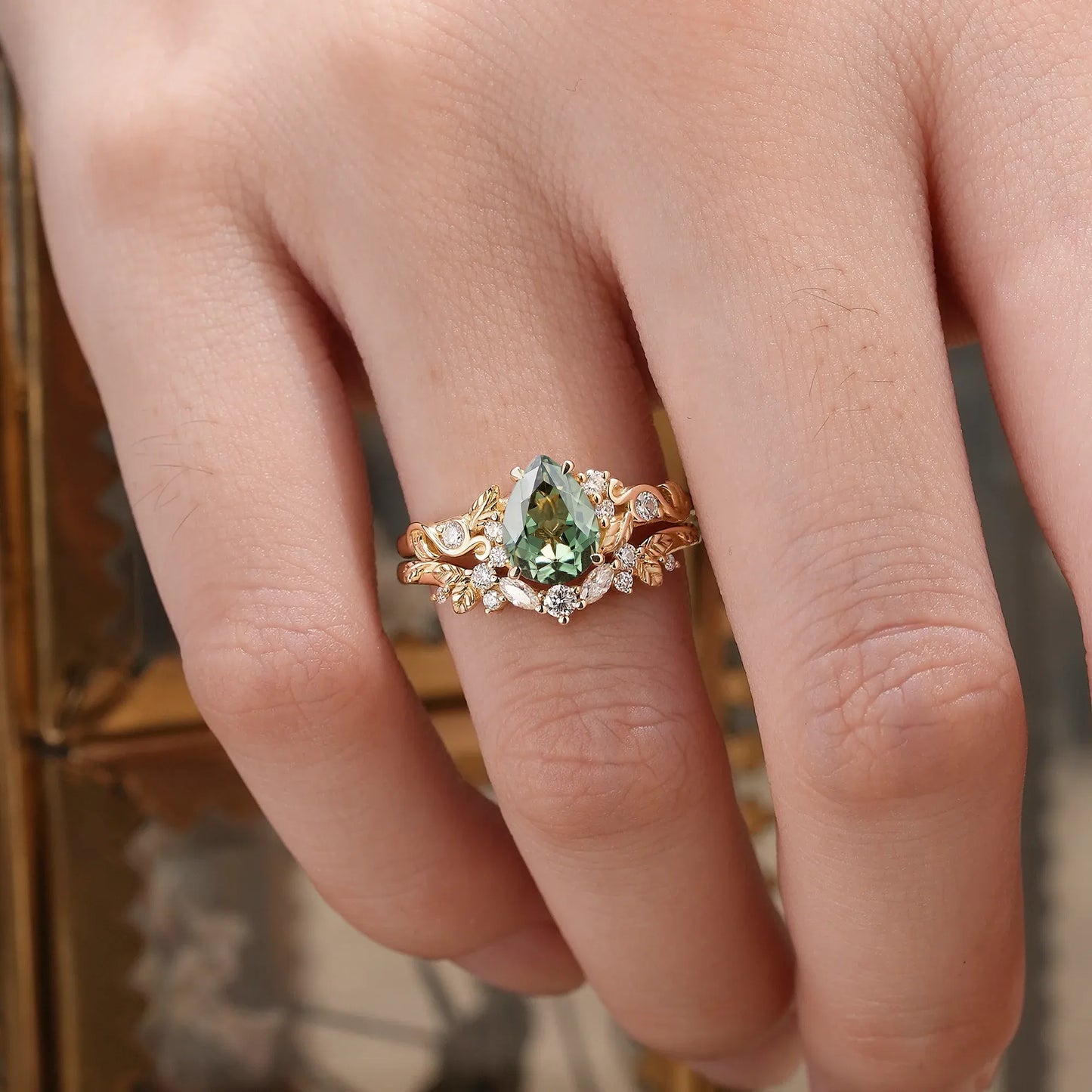 Green Sapphire Leaf Ring Set