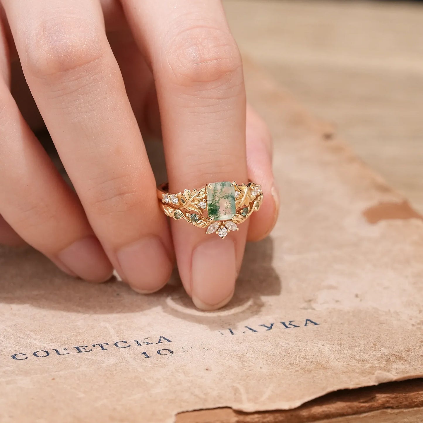Emerald Cut Moss Agate Ring Set