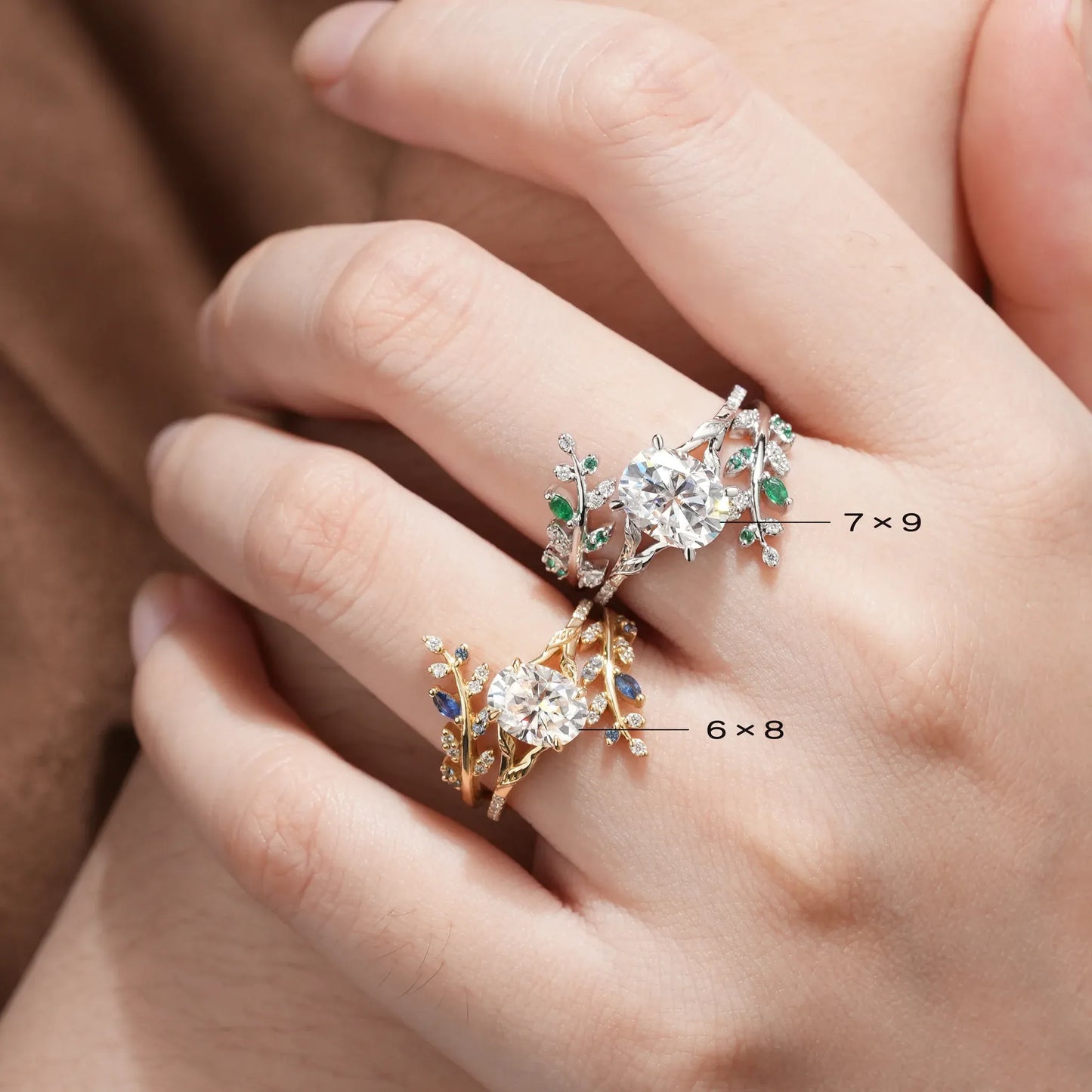 Oval Moissanite Half Eternity Leaf Engagement Ring Set 2pcs