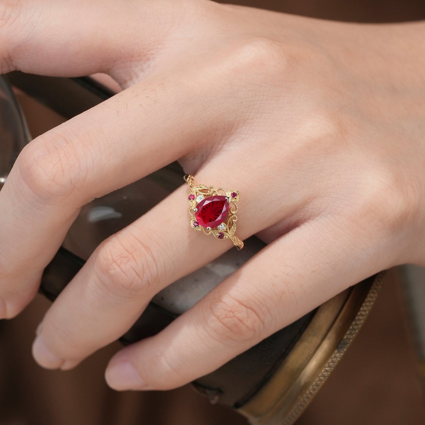 Sparkle Cut Ruby Leaf Ring Set