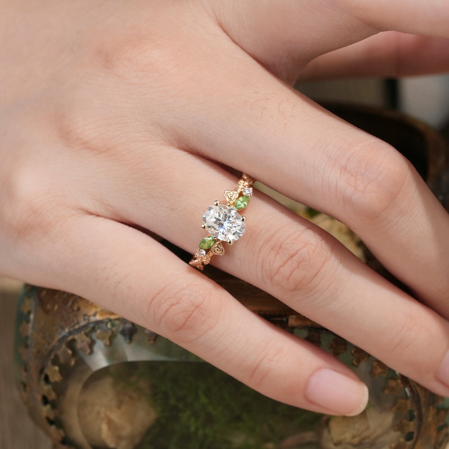 Moissanite & Peridot Rose Engagement Ring