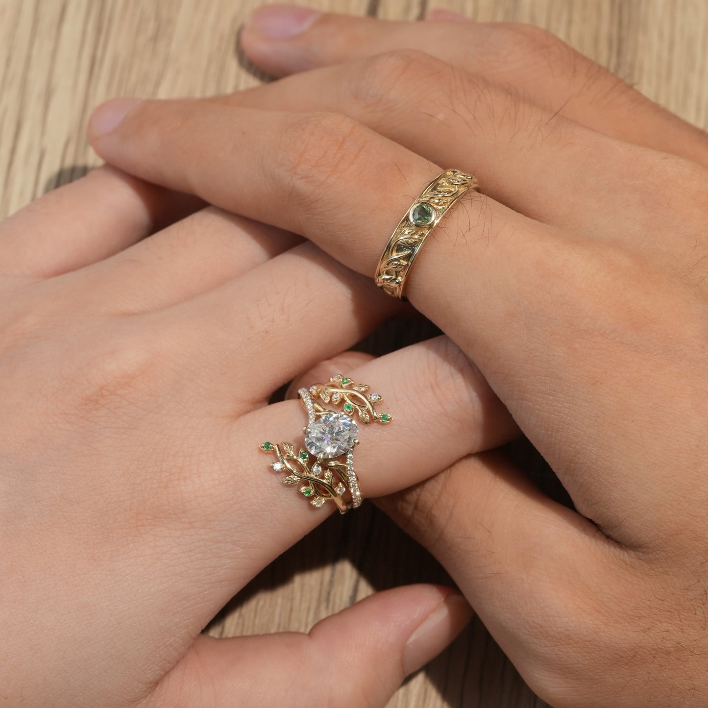 Moissanite and Moss Agate Couple Ring Set