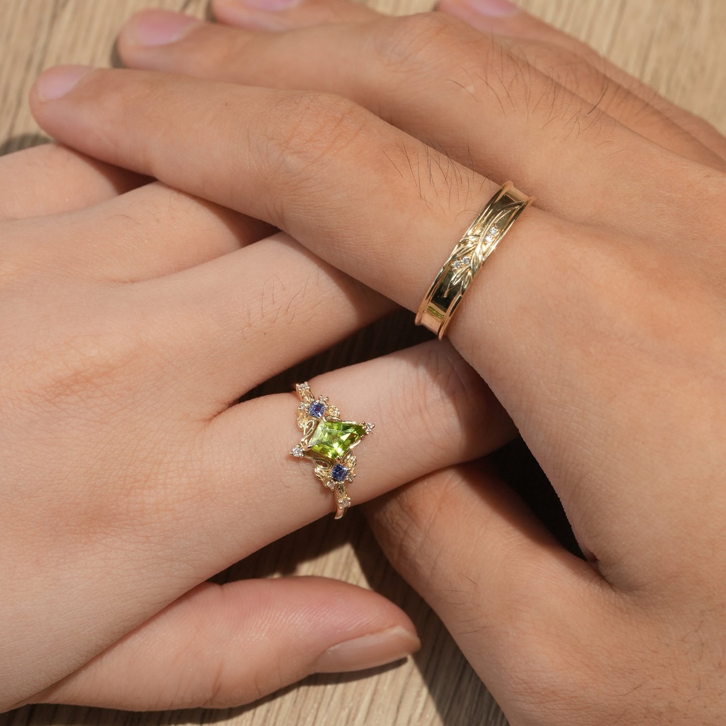 Kite-Shaped Peridot Tanzanite Couple's Ring