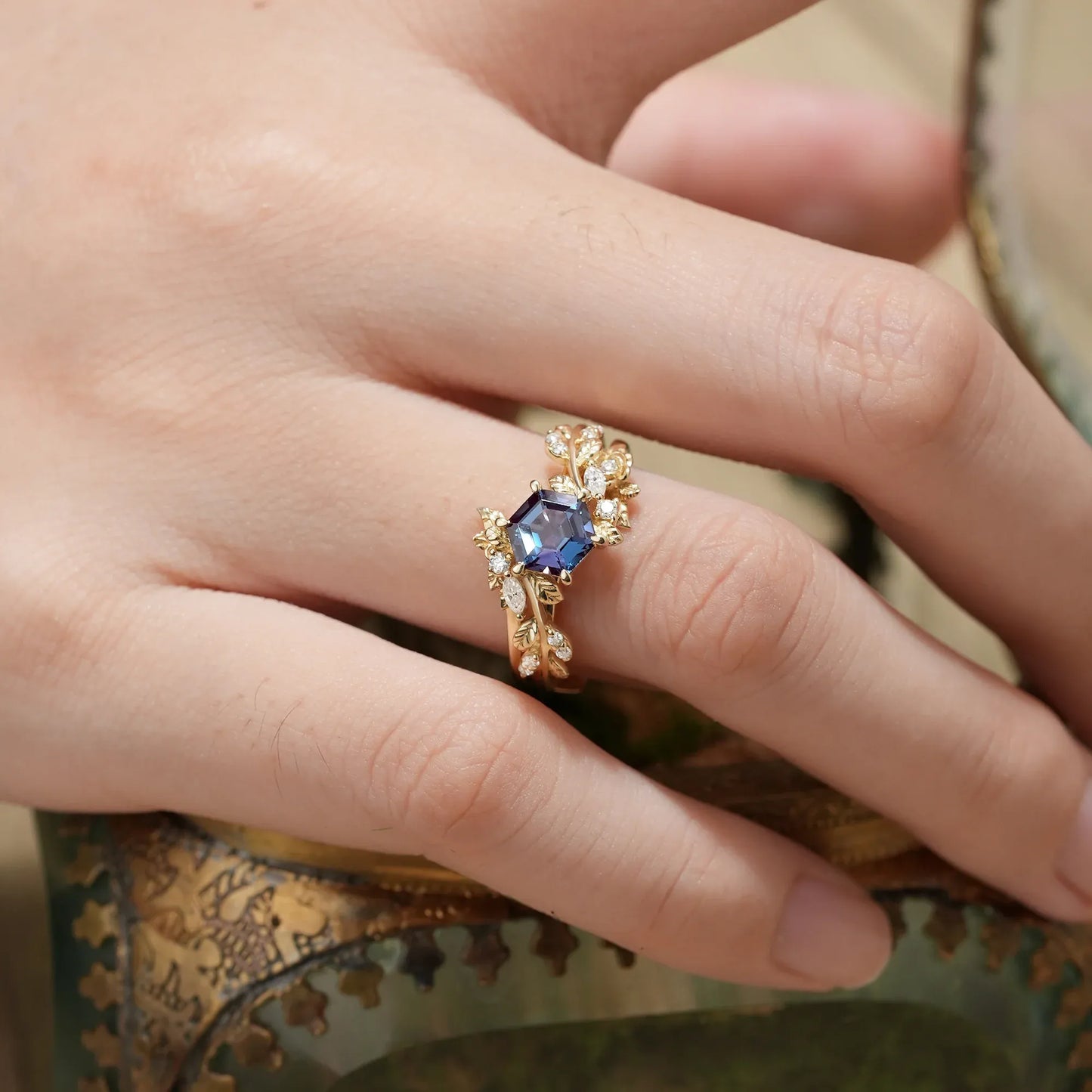 Hexagon Cut Alexandrite Engagement Ring Set