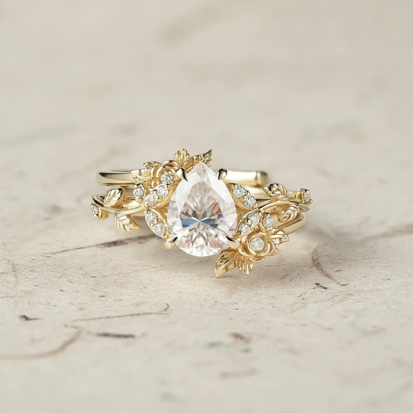 Pear Cut Moissanite Leaf Ring Set