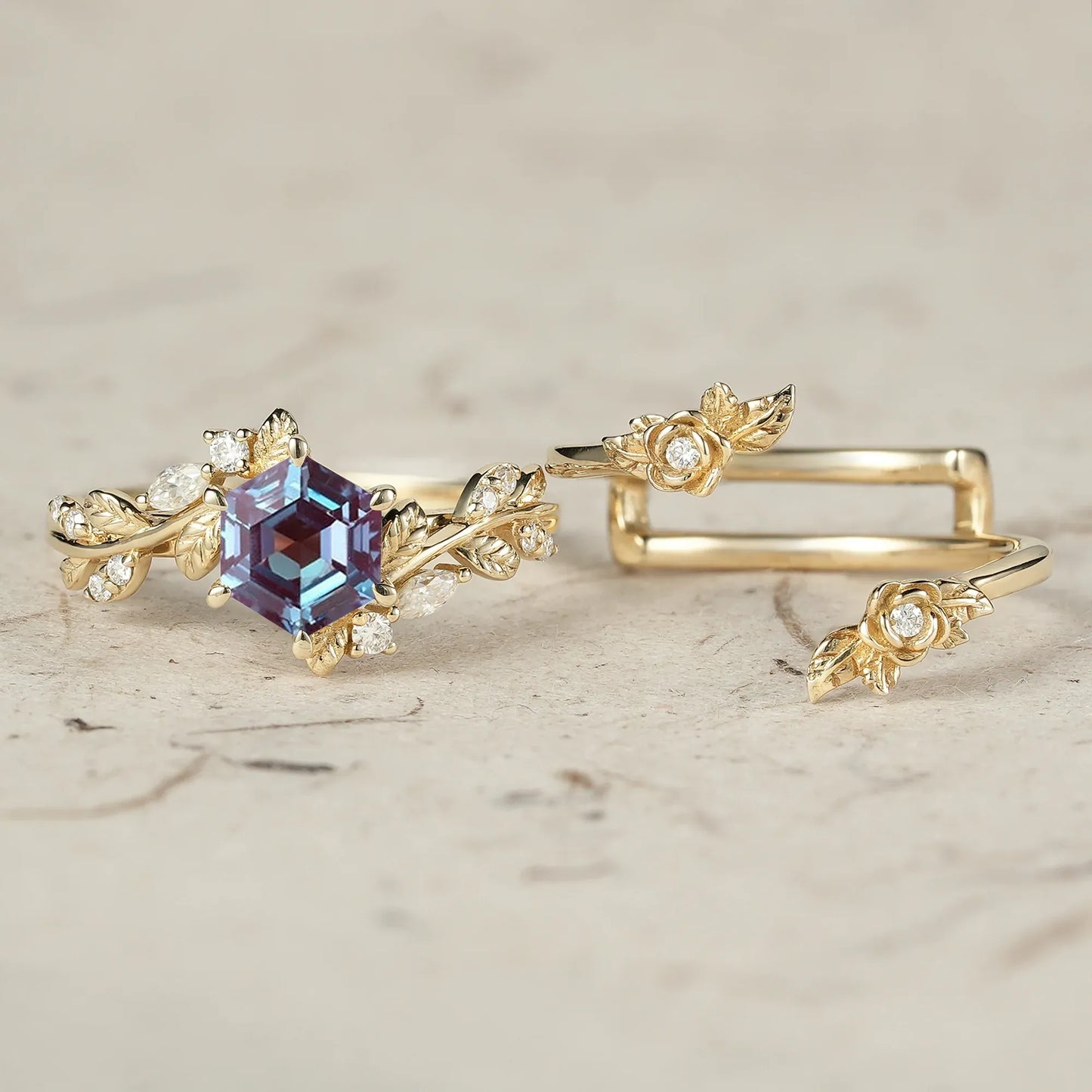 Hexagon Cut Alexandrite Engagement Ring Set