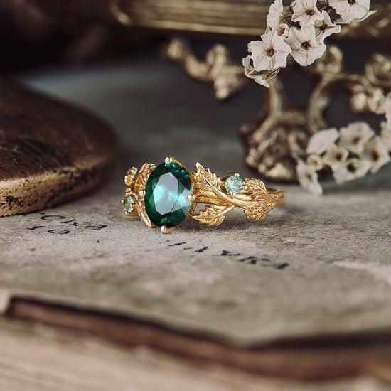 GemsMagic Leaf-Inspired Oval Emerald Engagement Ring