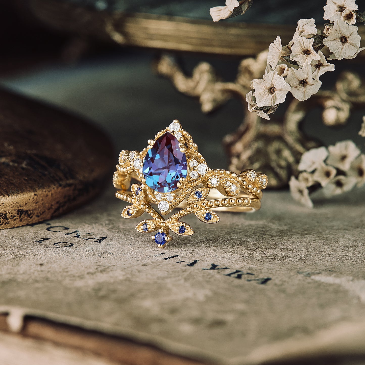 Pear Cut Alexandrite Twisted Engagement Ring Set 2pcs - GemsMagic