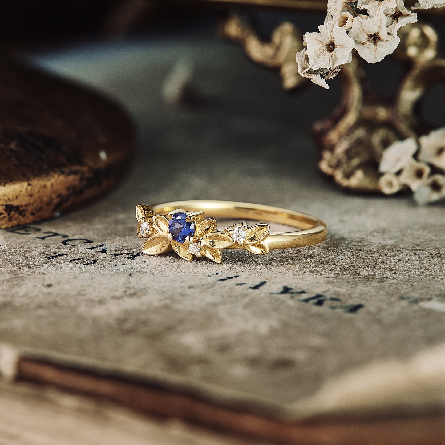 GemsMagic Leaf-Inspired Sapphire Wedding Band