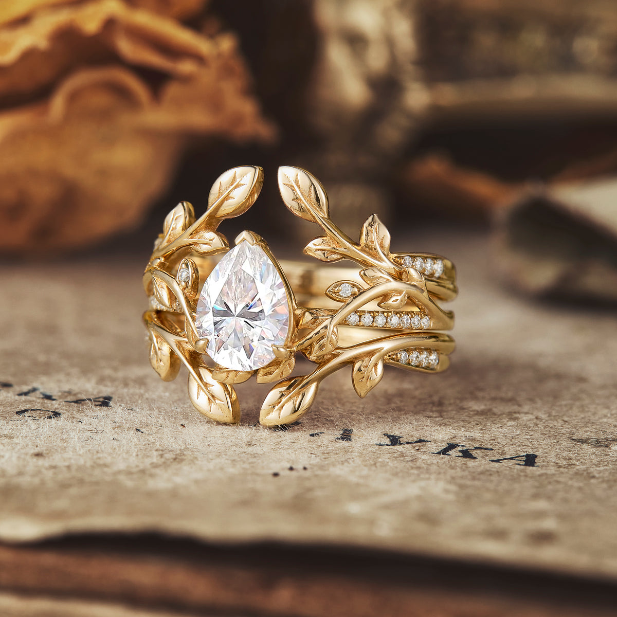 Pear Moissanite Natural Inspired Engagement Ring Set Aviva gemsmagic