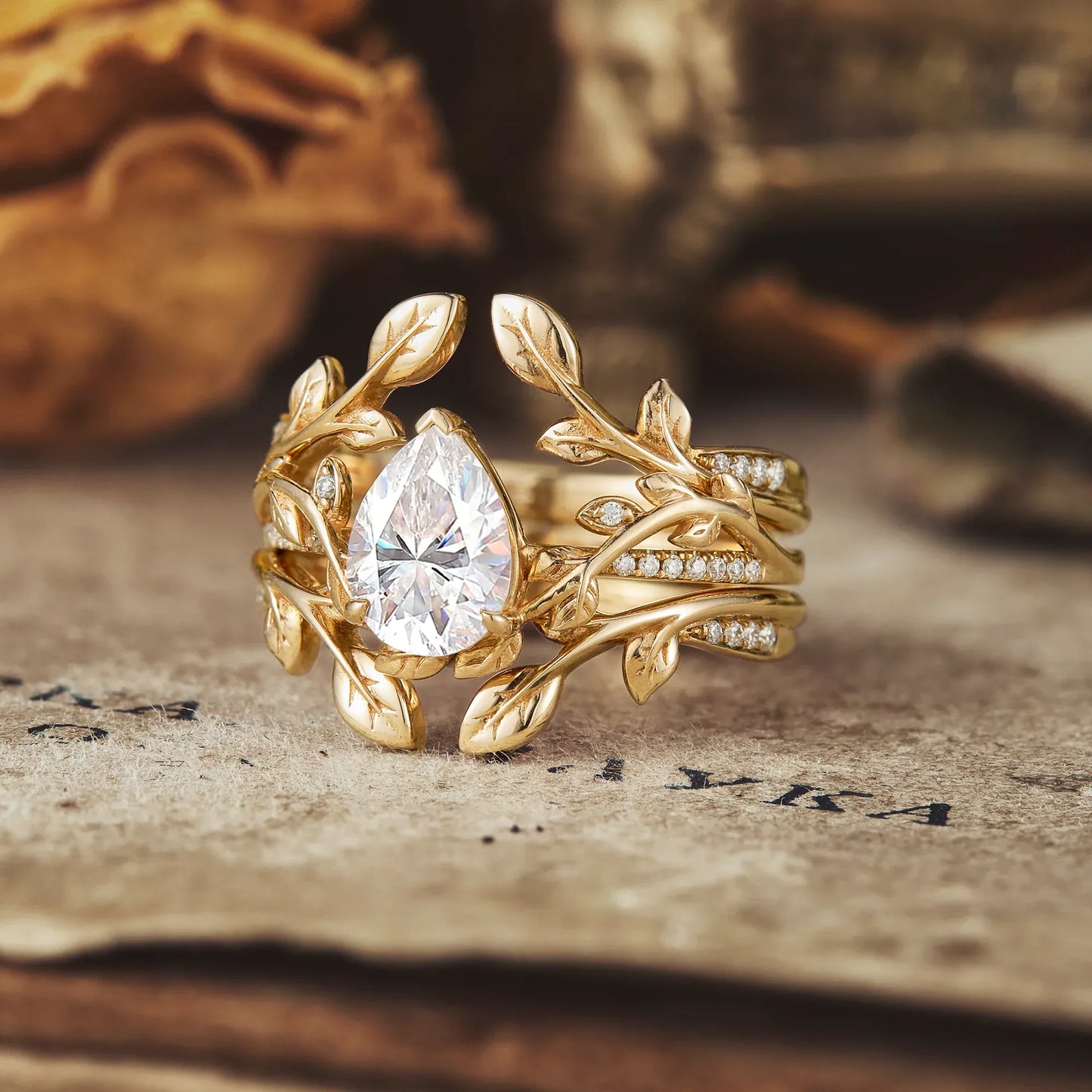 Pear Moissanite Natural Inspired Engagement Ring Set