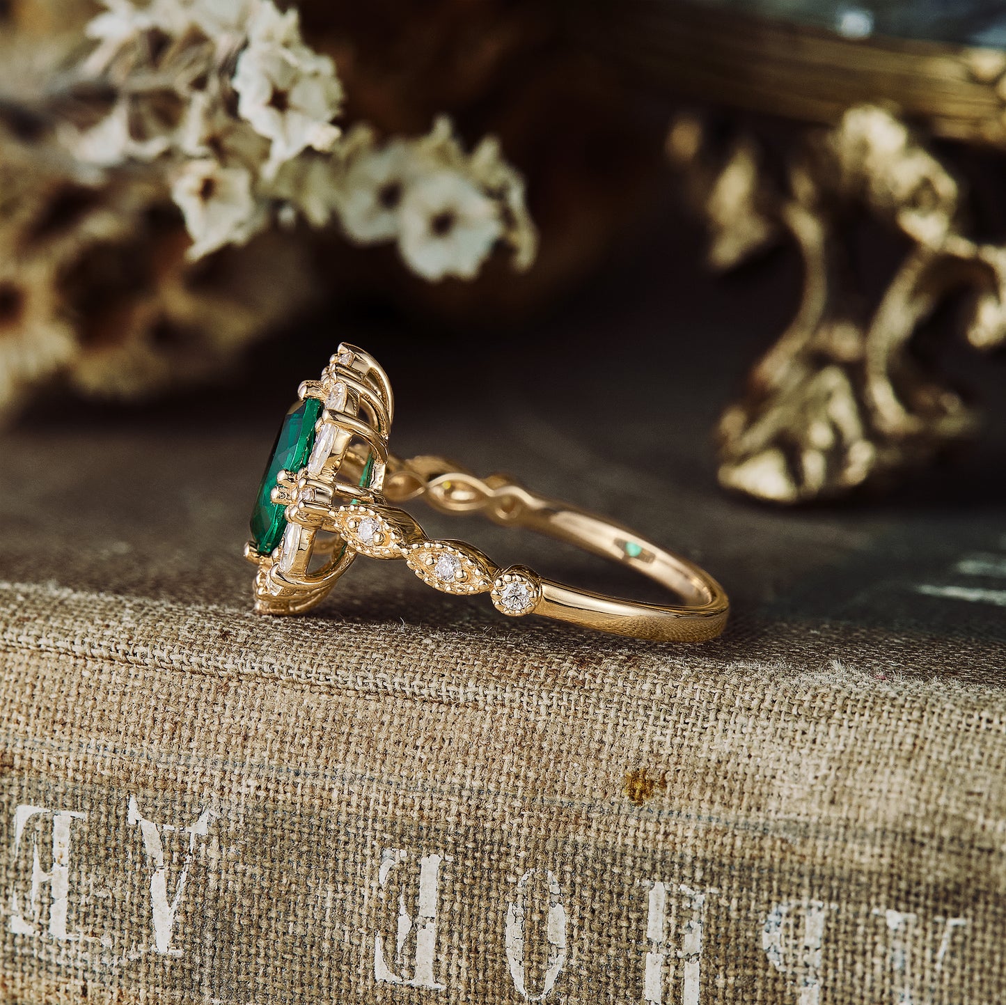 GemsMagic  Emerald Halo Engagement Ring