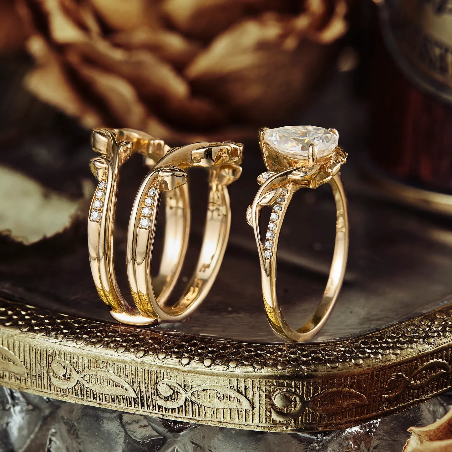 Pear Moissanite Natural Inspired Engagement Ring Set